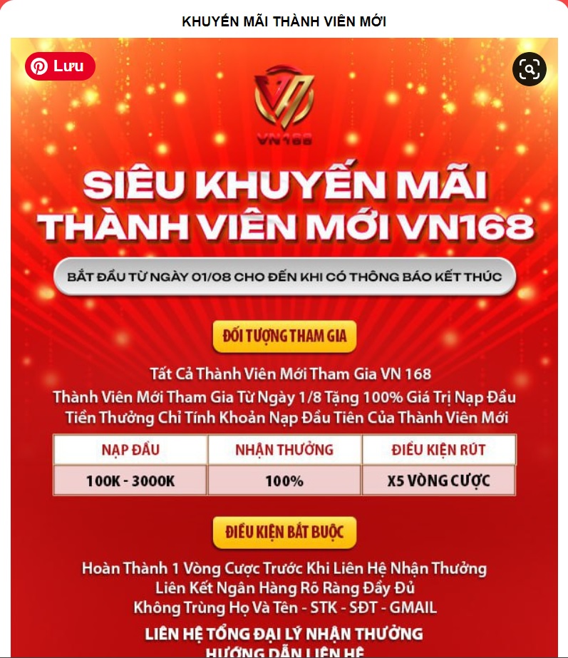 Khuyến mại thành viên mới VN168